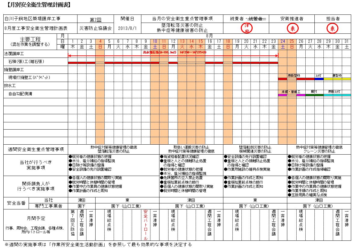 ８月安全衛生管理計画表 白川子飼地区築堤護岸工事